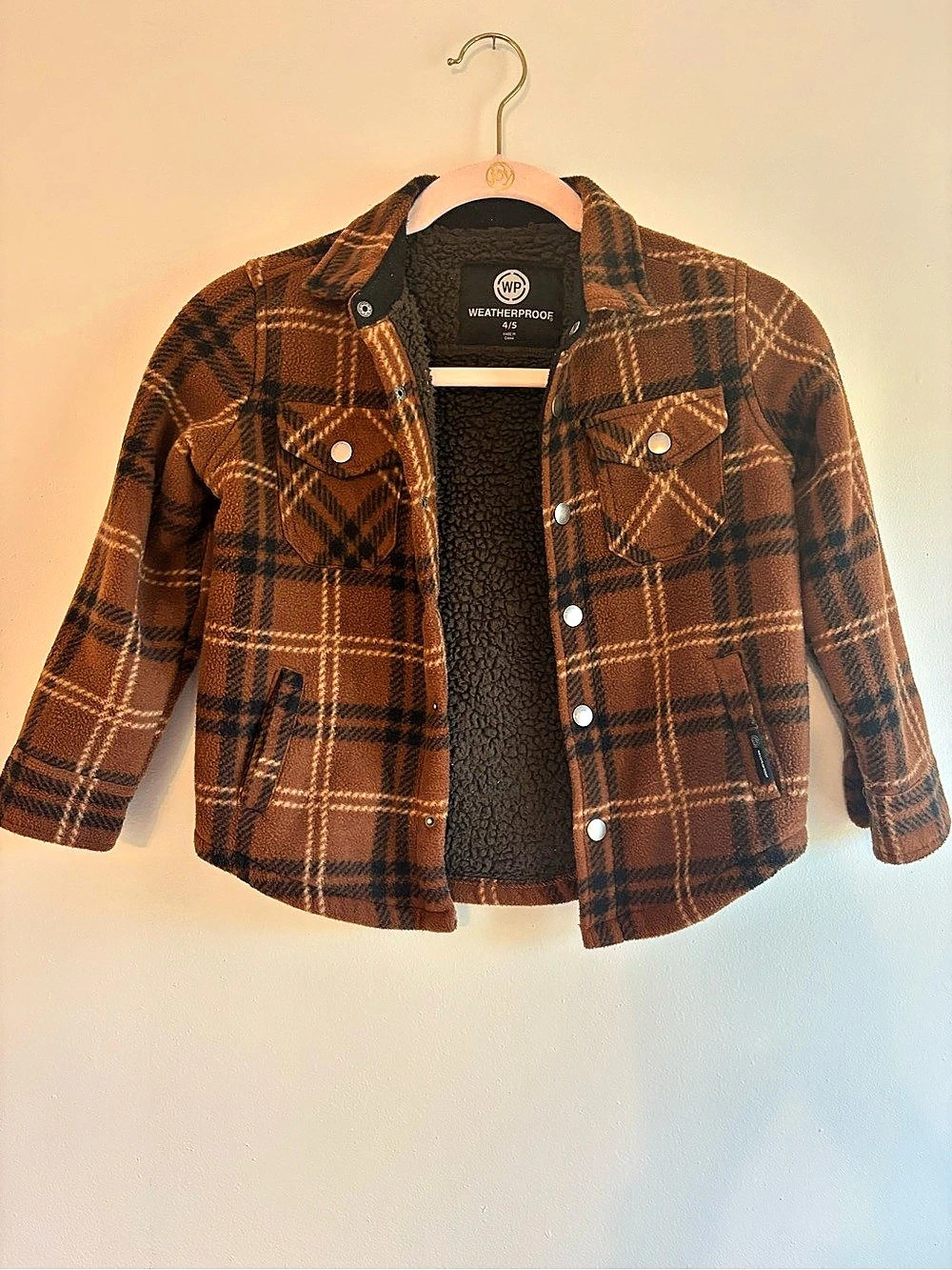 Weatherproof Sherpa Lined Plaid Fleece Shirt Jacket Brown & Black 4/5